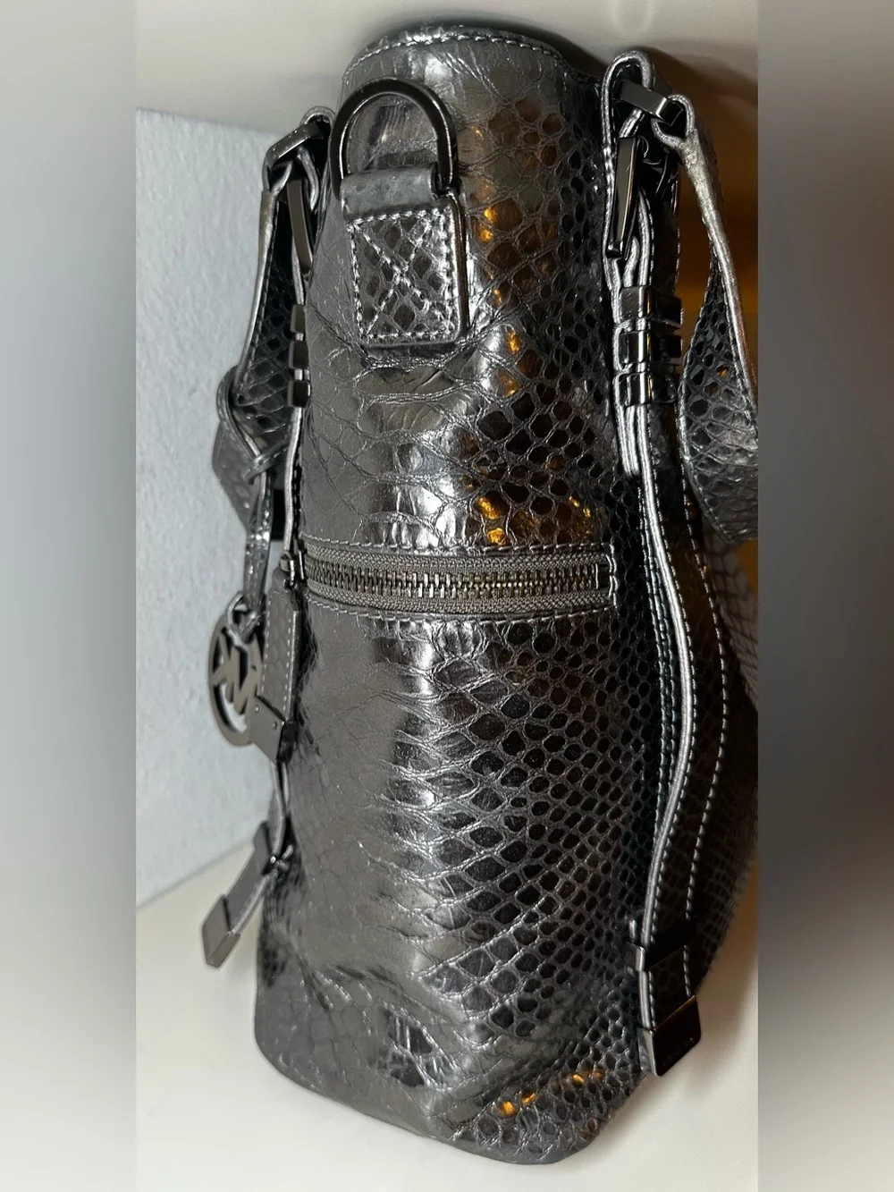 Michael Kors Glossy Black Snake-Embossed Shoulder Bag